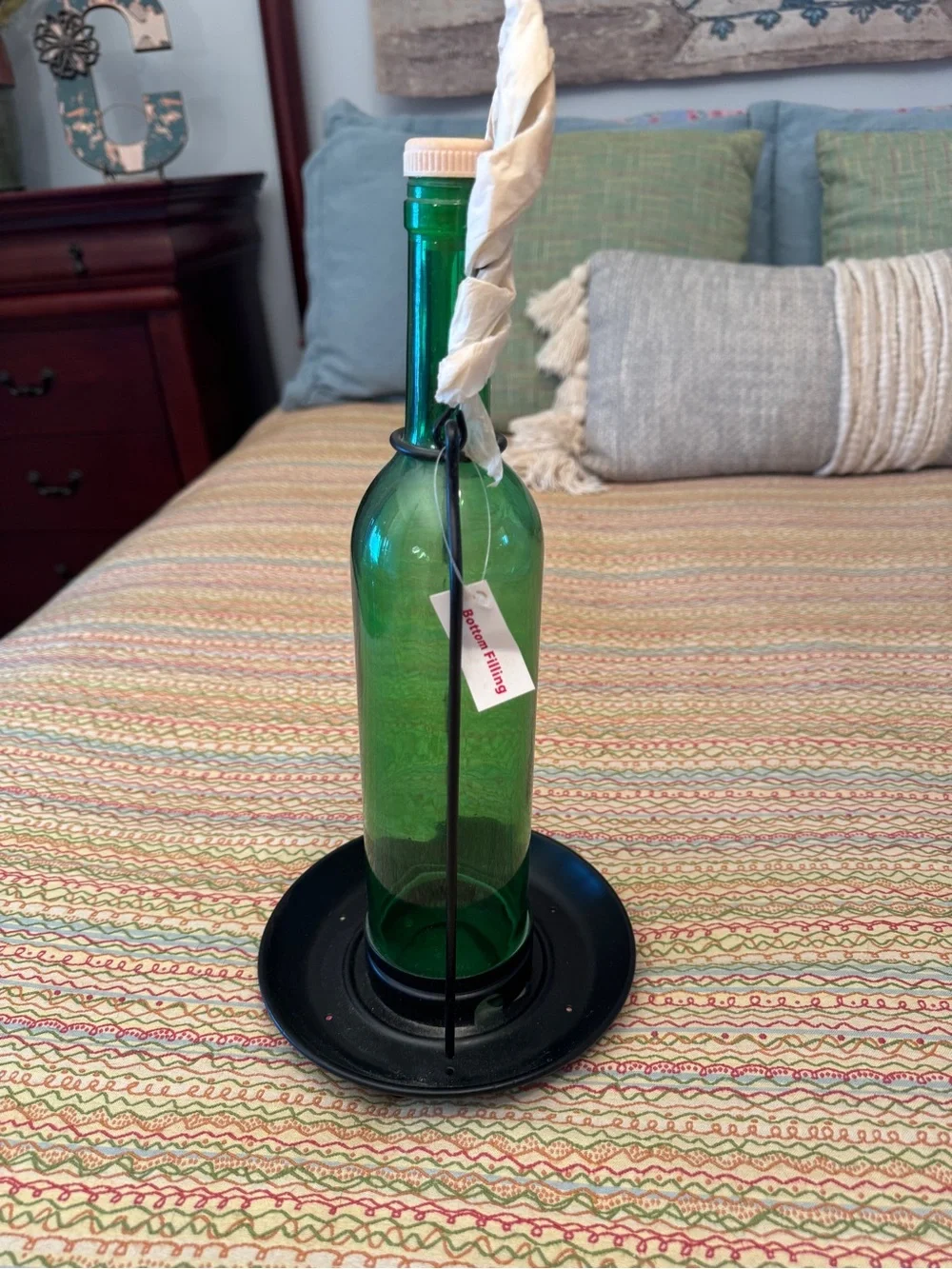 Upcycled Green Glass Wine Bottle Bird Feeder Hanging Yard Decor Rustic